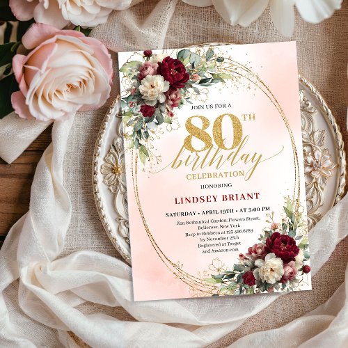 Watercolor Blush Floral Gold 80th Birthday Invite
