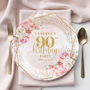 Watercolor Blush Floral Gold Custom 90th Birthday Paper Plates
