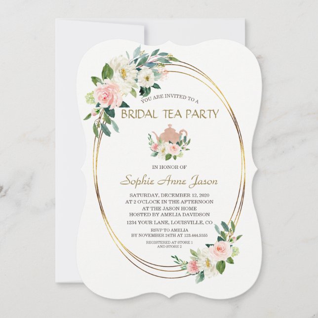 Watercolor Blush Floral Gold Frame Bridal Shower Invitation (Front)