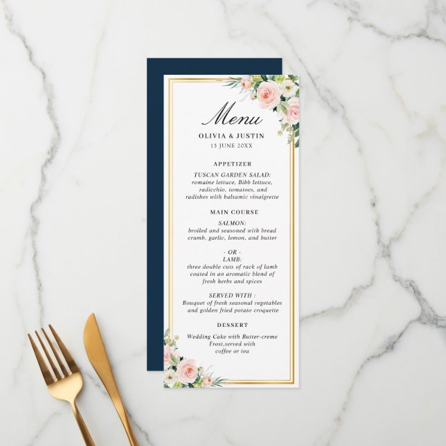 watercolor blush floral gold frame wedding menu (Front/Back In Situ)