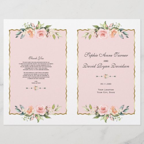 Watercolor Blush Floral Gold Frame Wedding Program Flyer