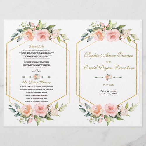 Watercolor Blush Floral Gold Frame Wedding Program Flyer