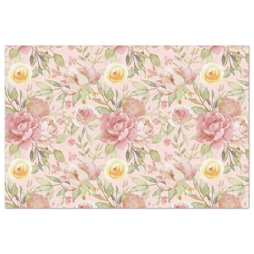 Watercolor Blush Floral Gold Glitter Decoupage Tissue Paper