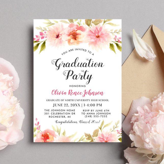 Watercolor Blush Floral Graduation Party Invitation (Creator Uploaded)
