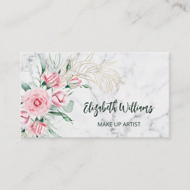  Watercolor Blush Floral Marble | QR Code  Business Card (Front)