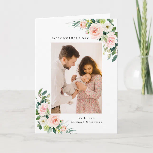 Watercolor Blush Floral Photo Mother's Day Holiday Card | Zazzle