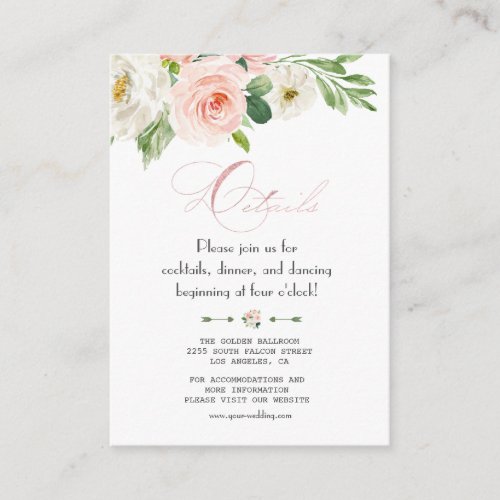 Watercolor Blush Floral Rose Gold Wedding Details Enclosure Card