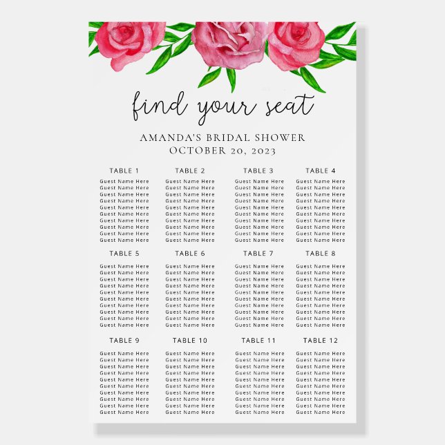 Watercolor blush floral seating chart foam board (Front)