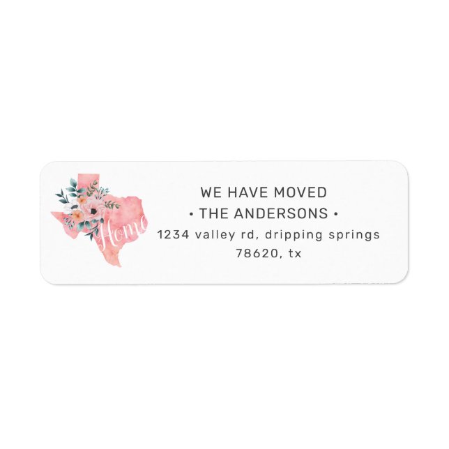 watercolor blush floral texas moving announcement label (Front)