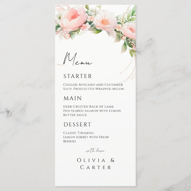 Watercolor Blush Floral Wedding Menu (Front)