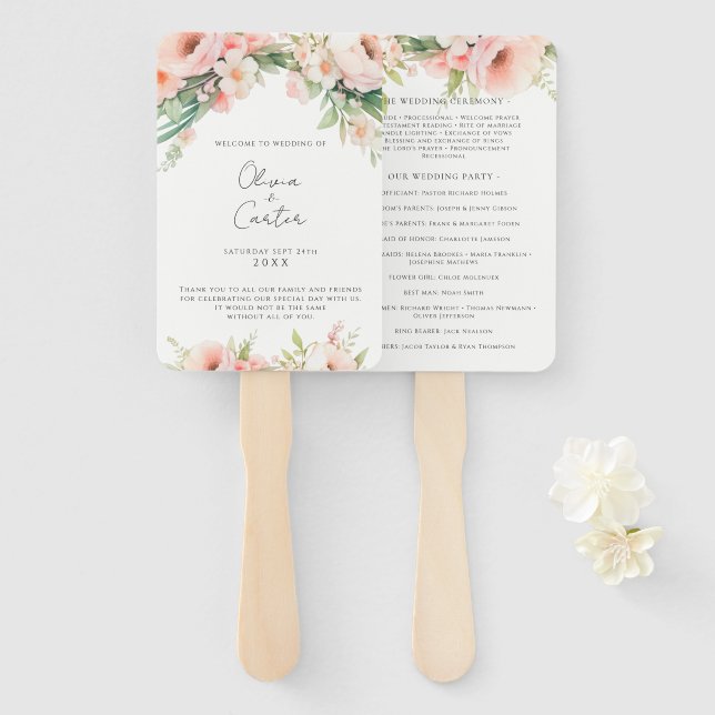 Watercolor Blush Floral Wedding Programs Hand Fan (Front and Back)