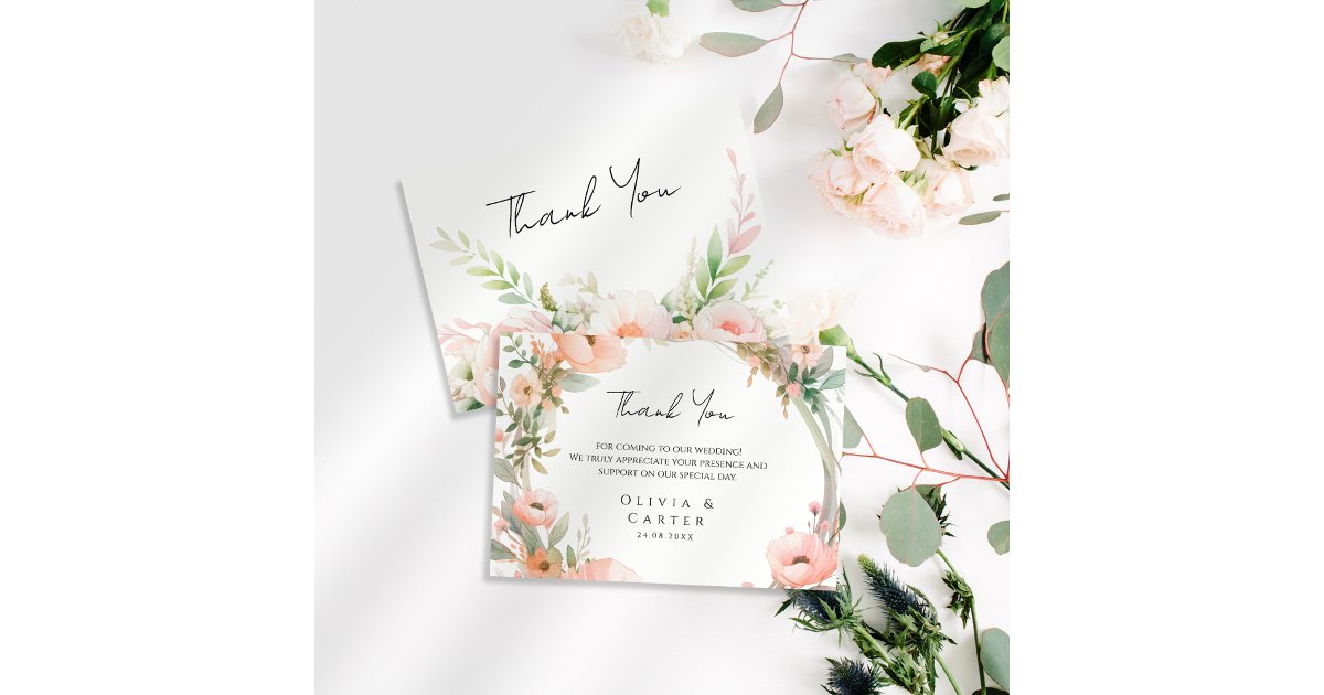 Watercolor Blush Floral Wedding Thank You Card | Zazzle