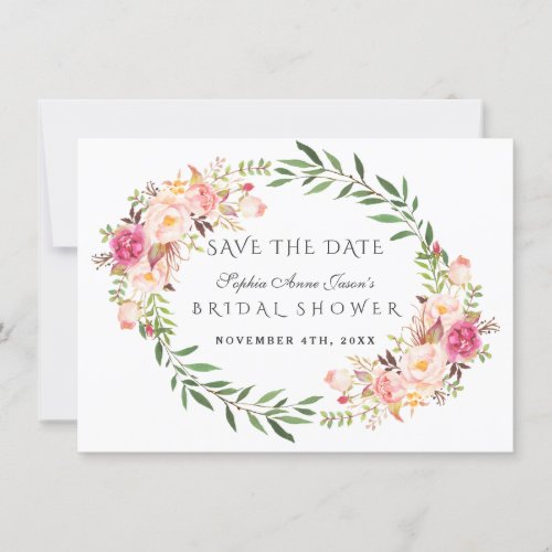 Watercolor Blush Floral Wreath Bridal Shower Save The Date