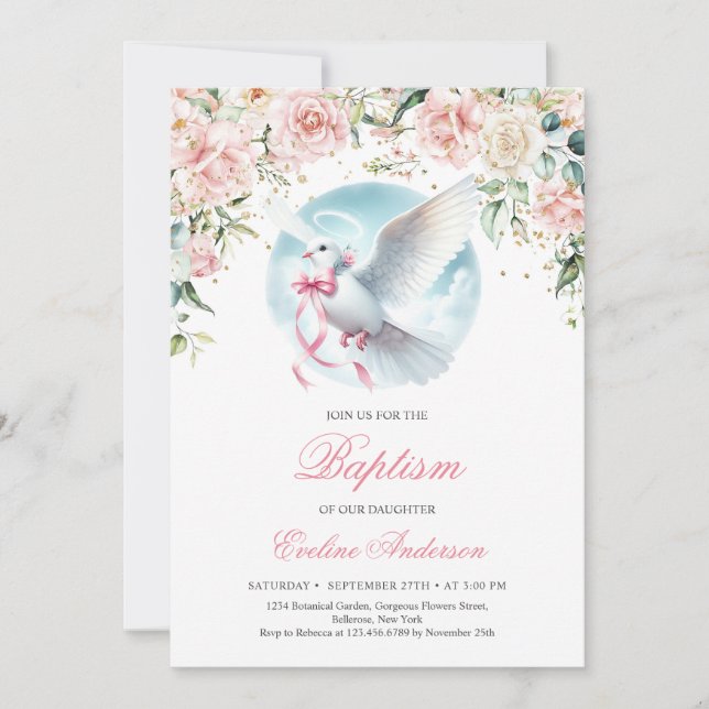 Watercolor blush floral wreath cute dove Baptism Invitation (Front)