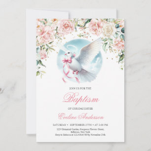Watercolor blush floral wreath cute dove Baptism Invitation