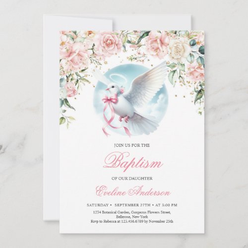 Watercolor blush floral wreath cute dove Baptism Invitation