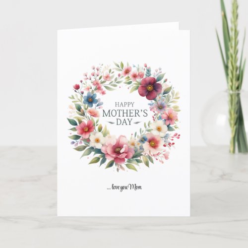 Watercolor blush floral wreath Happy Mothers Day Holiday Card