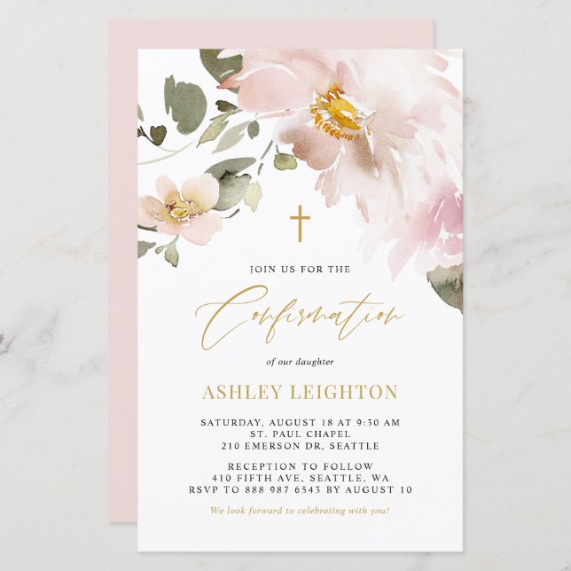 Watercolor Blush Flowers Confirmation Invitation (Front/Back)