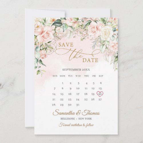 Watercolor blush flowers eucalyptus gold calendar save the date