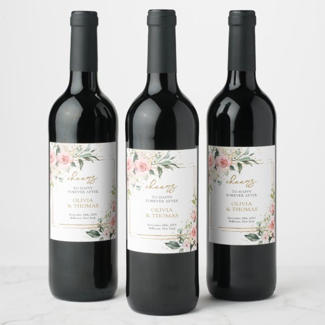 Watercolor blush flowers eucalyptus gold wedding wine label (Bottles)