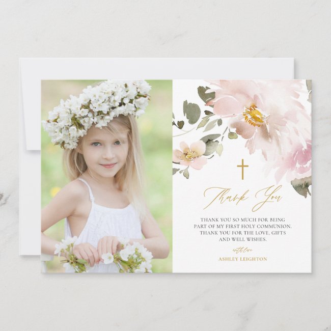 Watercolor Blush Flowers First Holy Communion Thank You Card