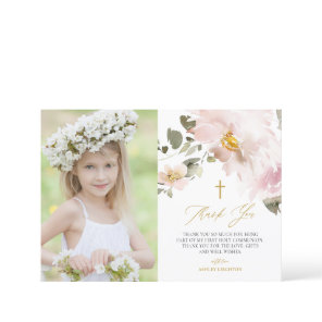 Watercolor Blush Flowers First Holy Communion Thank You Card