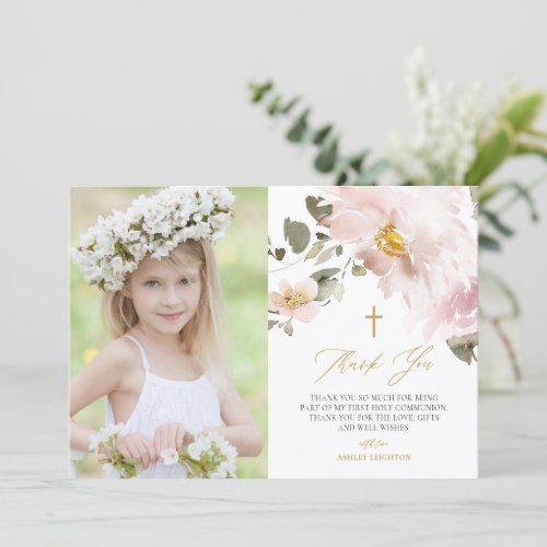 Watercolor Blush Flowers First Holy Communion Thank You Card