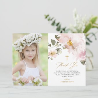 Watercolor Blush Flowers First Holy Communion Thank You Card | Zazzle
