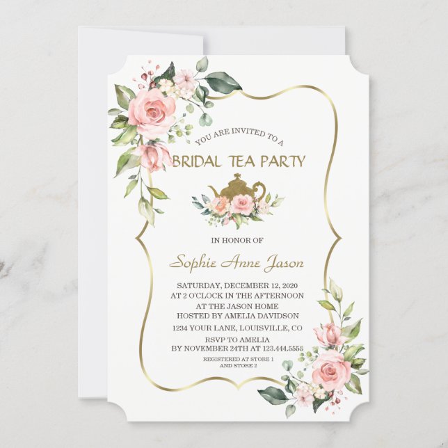 Watercolor Blush Flowers Gold Bridal Tea Party Invitation (Front)