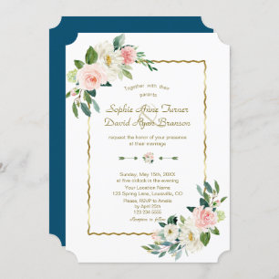 Watercolor Blush Flowers Gold Navy Wedding Invitation