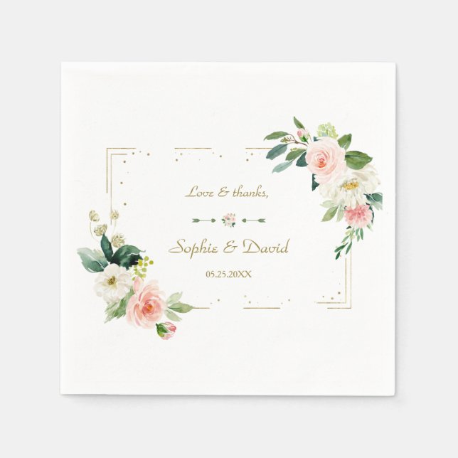 Watercolor Blush Flowers Gold Navy Wedding Napkins (Front)