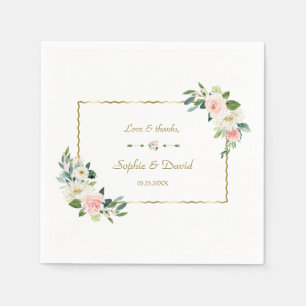 Watercolor Blush Flowers Gold Navy Wedding Napkins