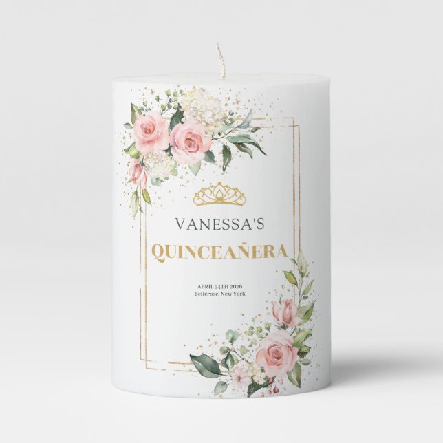 Watercolor blush flowers gold tiara Quinceanera Pillar Candle (Front)