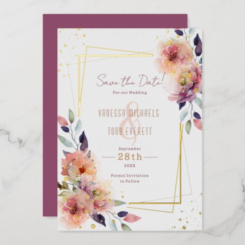 Watercolor Blush Flowers Wedding Save the Date Foil Invitation