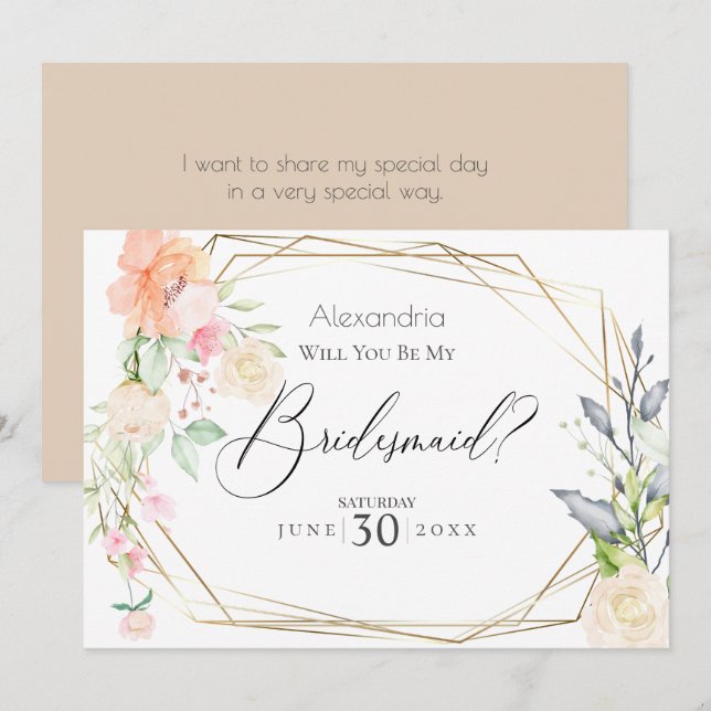 Watercolor Blush Flowers Will You Be My Bridesmaid Invitation (Front/Back)