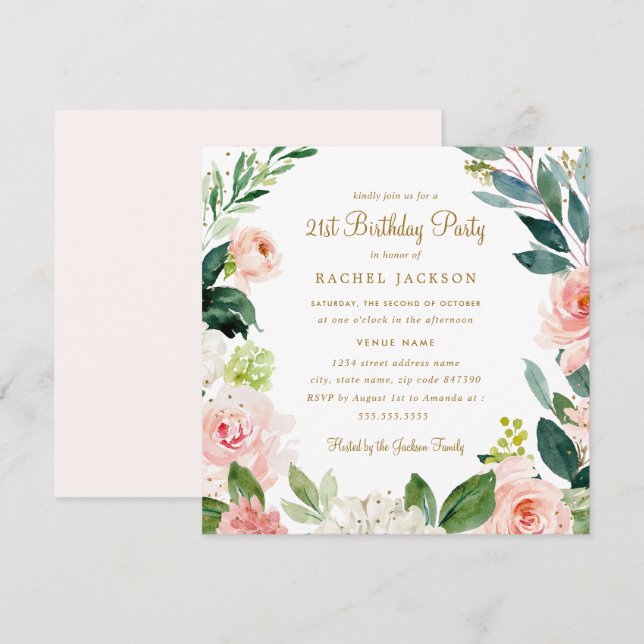 Watercolor Blush Gold Floral 21st Birthday Invite (Front/Back)