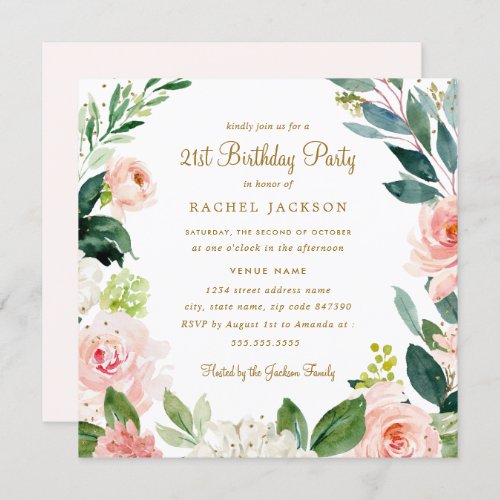 Watercolor Blush Gold Floral 21st Birthday Invite