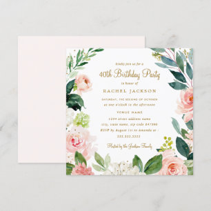 Watercolor Blush Gold Floral 40th Birthday Invite