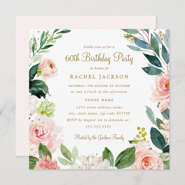 Watercolor Blush Gold Floral 60th Birthday Invite (Front/Back)