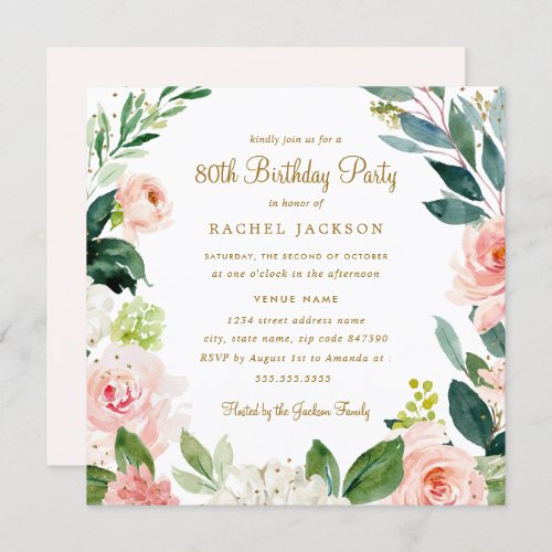 Watercolor Blush Gold Floral 80th Birthday Invite