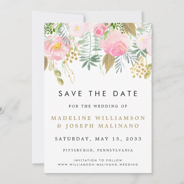Watercolor Blush & Gold Floral Photo Save the Date (Front)