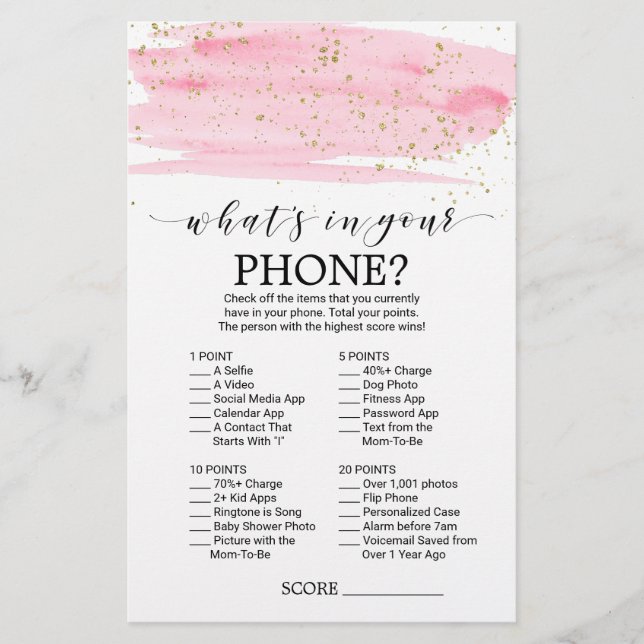 Watercolor Blush & Gold What's In Your Phone Game (Front)
