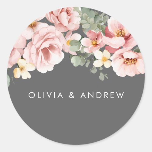 Watercolor Blush  Gray Floral Wedding Classic Round Sticker