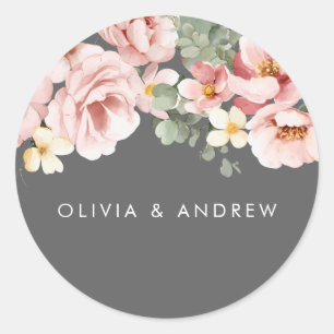 Watercolor Blush & Gray Floral Wedding Classic Round Sticker