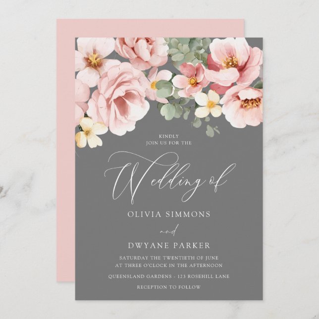 Watercolor Blush & Gray Floral Wedding Invitation (Front/Back)