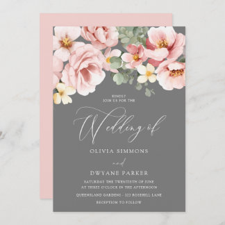 Watercolor Blush & Gray Floral Wedding Invitation