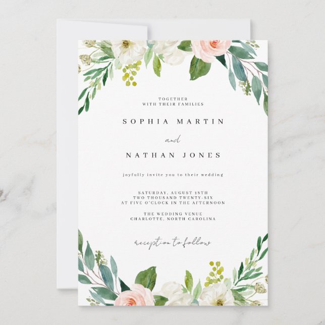 Watercolor Blush Green Botanical Wedding Invitation (Front)