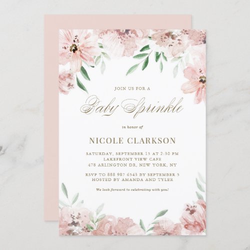 Watercolor Blush Mauve Pink Flowers Baby Sprinkle Invitation