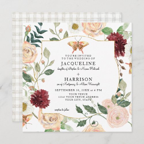Watercolor Blush Mint Floral Coral Rose Butterfly Invitation
