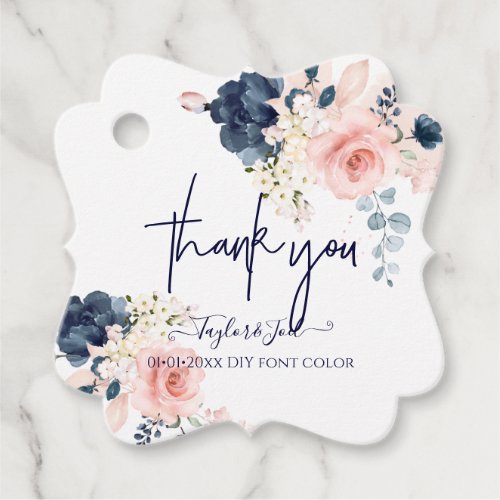 Watercolor Blush Navy Blue Roses Thank You Script Favor Tags